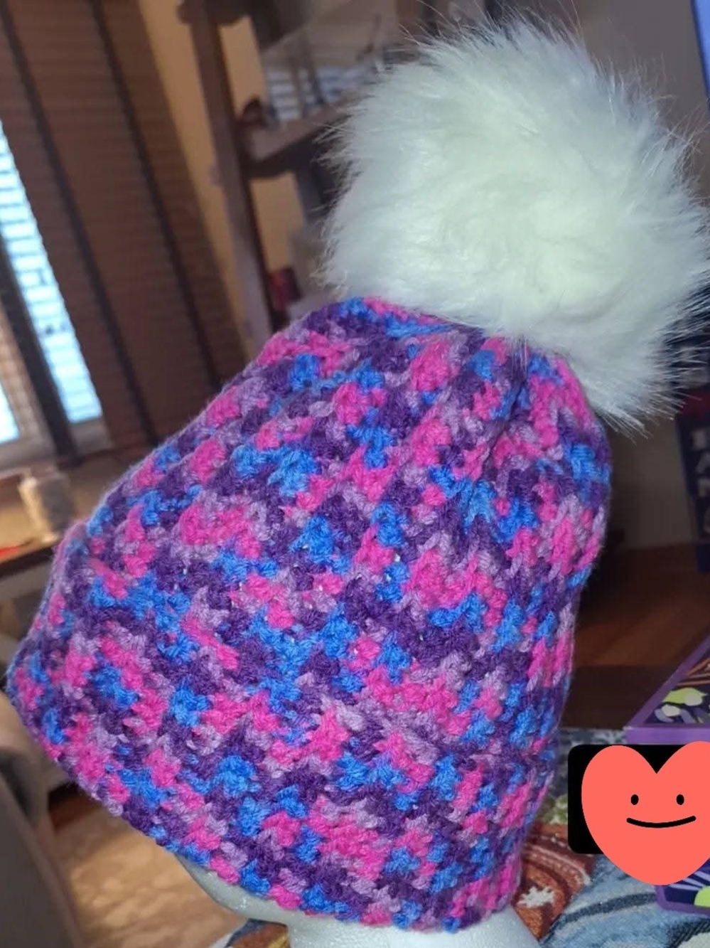 Kids Pom Pom Beanie Hat - Pink, Purple & Blue